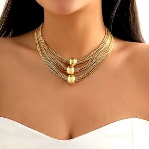 18K Gold Plated Chunky Thick Layered Chain W/ Exaggerated Big Beads Necklace
